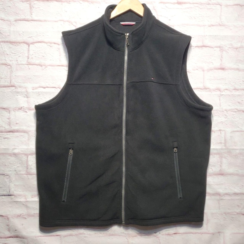 Tommy Hilfiger Vest Mens 2XL Black Full Zip Fleece Zip Pockets Logo Outdoor Warm